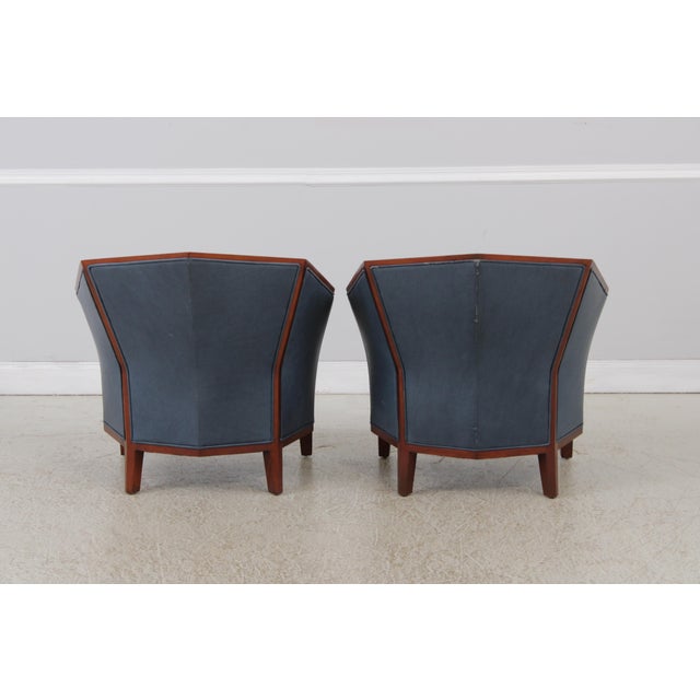 Pair of Stickley Cherry Blue Leather Club Chairs For Sale In Philadelphia - Image 6 of 15