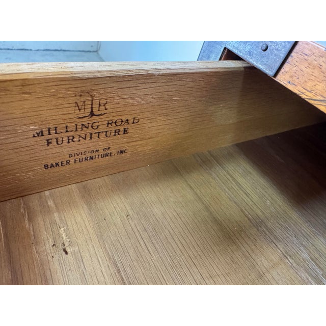 Wood Baker Furniture Milling Road Hollywood Regency Campaign-Style Walnut Desk With Leather Top/ Sold For Sale - Image 7 of 12