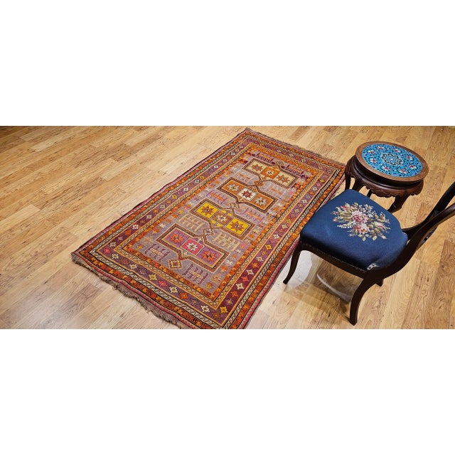 Late 20th Century Vintage Moroccan Tribal Rug, Hand-Knotted Wool, Geometric Pattern, Yellow & Purple, 4' X 7' For Sale - Image 5 of 17