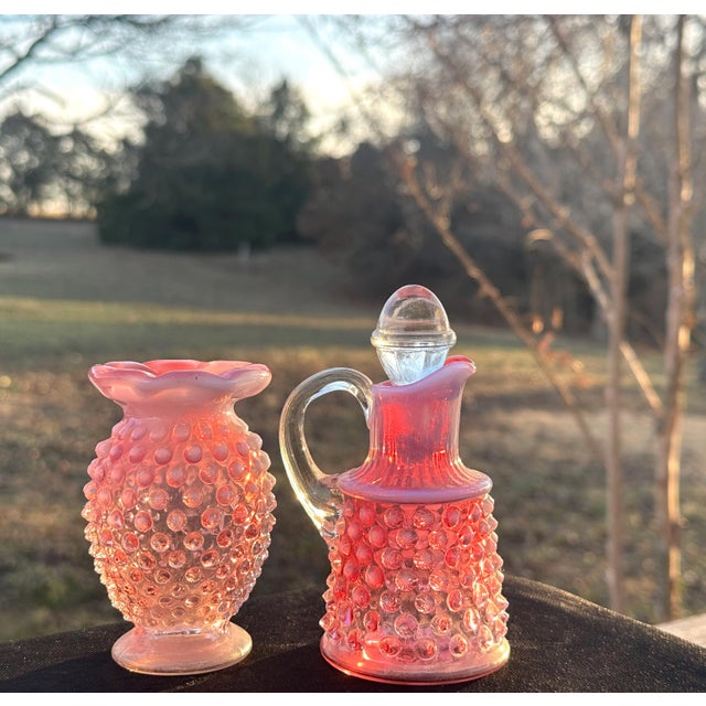 Mid 20th Century Fenton Cranberry Opalescent Hobnail Cruet & Bud Vase Set For Sale - Image 9 of 9