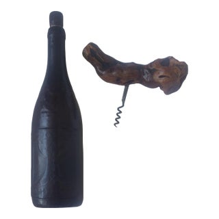 Vintage Driftwood Top Corkscrew (France) and Leather Bound One Bottle With Cork Set For Sale