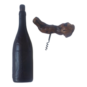Vintage Driftwood Top Corkscrew (France) and Leather Bound One Bottle With Cork Set