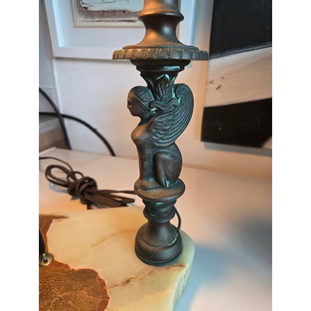 1910s Early Bronze Sphinx Bankers Lamp W Onyx Base & Pen Holder For Sale - Image 13 of 13