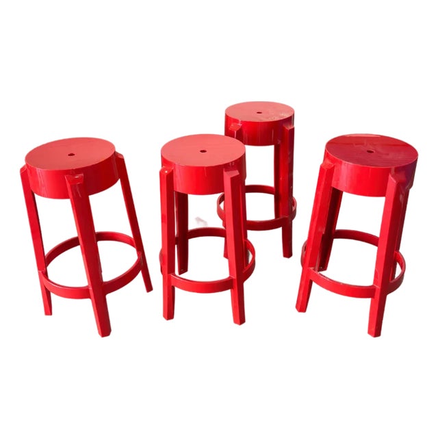 Set of 4 Philippe Starck Ghost Stools in Glossy Red For Sale