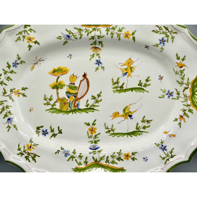 Antique White French Moustiers Large Oval Platter Hand Painted For Sale - Image 8 of 9