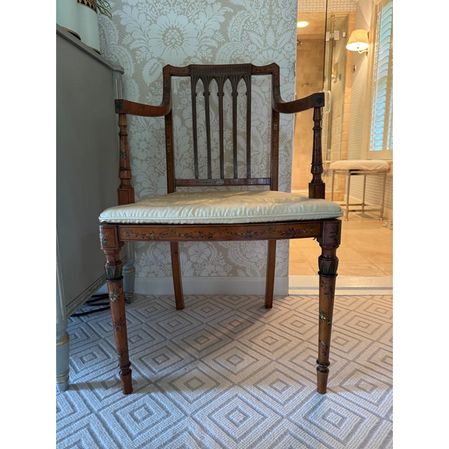 Early 20th Century Edwardian Satinwood Floral Painted Armchair With Cane Seat For Sale - Image 12 of 18