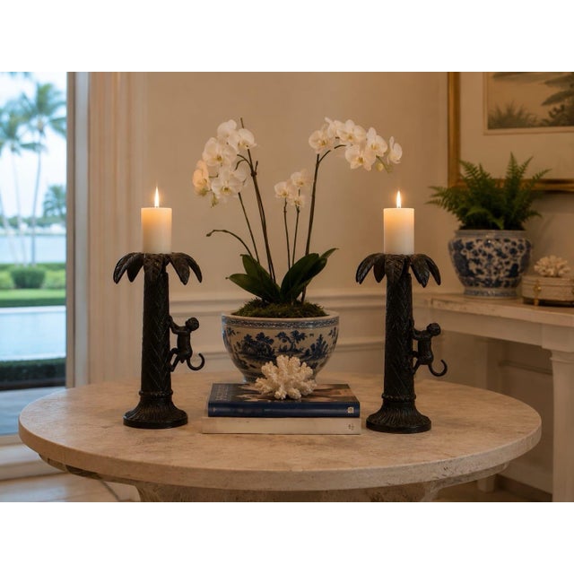 Pair of Vintage Cast Metal Palm Tree & Climbing Monkey Candlesticks For Sale - Image 12 of 12