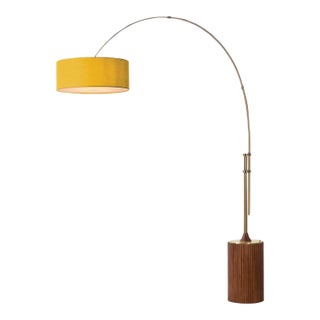 1980s Tambo 92"h 1-Light Arc Lamp, Mustard Linen Shade, Dark Walnut Base, Weathered Brass, Dimmable, for Living Room or Bedroom For Sale