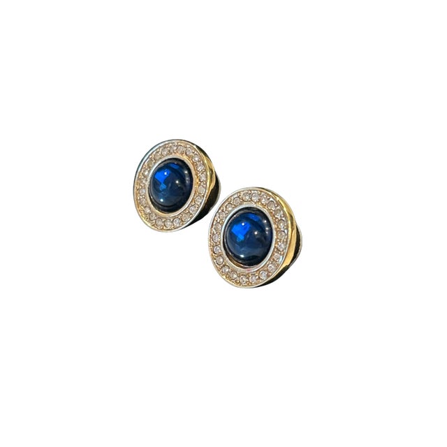 Monet Vintage Monet Gold-Tone Earrings With Blue Cabochon and Rhinestone Accents, A Pair For Sale - Image 4 of 9