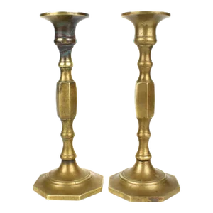 Mid 20th Century Traditional Style Solid Gold Brass Candlestick Candle Holders- a Pair