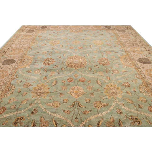 Modern 2010s Green Modern Tabriz Style Handmade Wool Rug With Floral Motif For Sale - Image 3 of 8