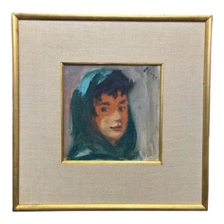 Signed Vintage Expressionist Portrait in Emerald Headscarf—Custom Gilt Frame For Sale