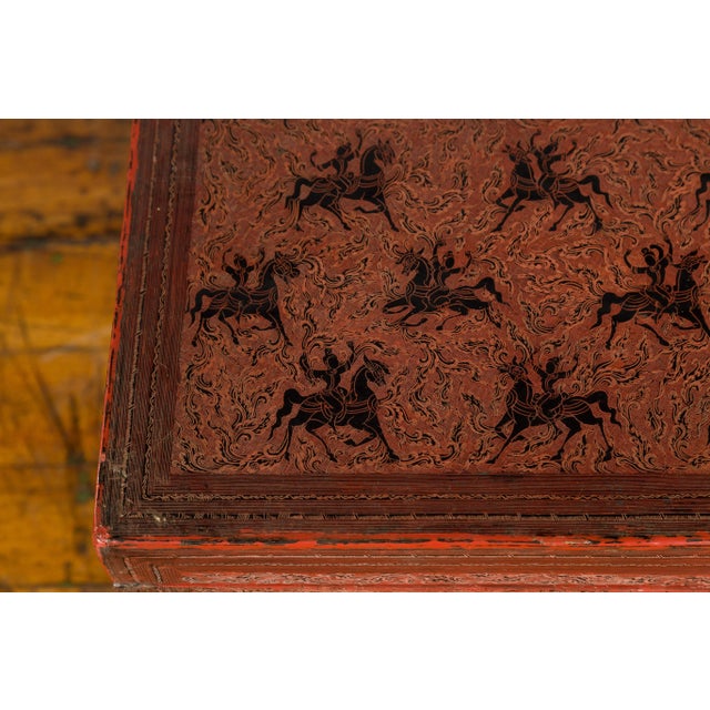 Chinese Late 19th Century Red Trunk with Black Hand-Painted Riders on Horses For Sale - Image 9 of 13