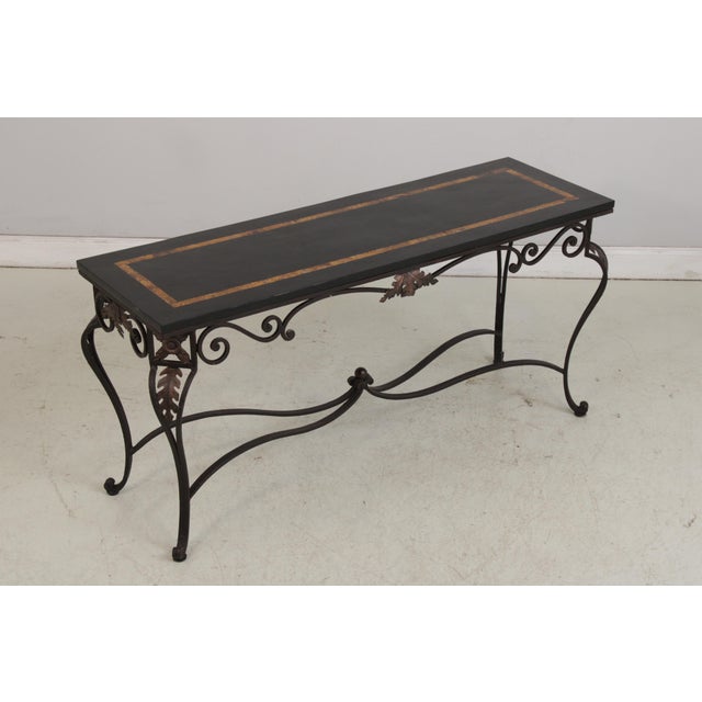 Hollywood Regency Wrought Iron Base Marble Top Console Table For Sale - Image 3 of 16