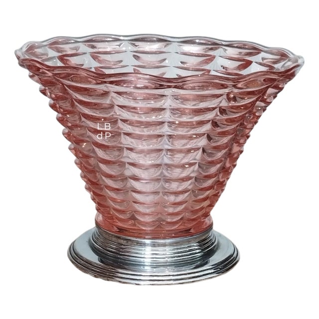 Art Deco Funnel-Shaped Vase in Blown Glass & Chrome Mount, 1920s For Sale