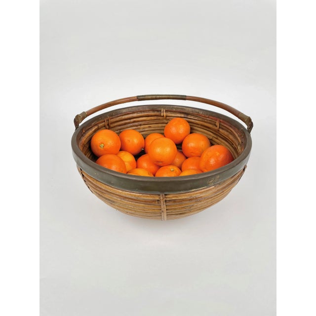 1970s Large Italian Rattan & Brass Basket, 1970s For Sale - Image 5 of 12