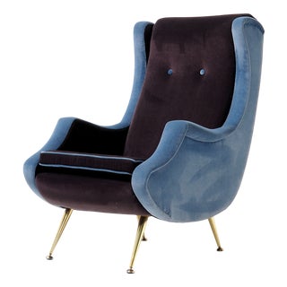 High-Back Lounge Chair in Blue and Mauve Velvet, 1950s For Sale
