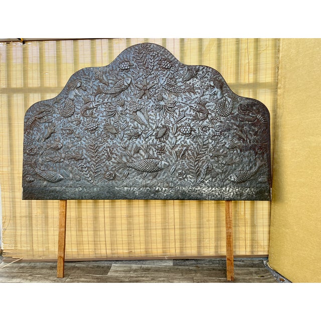 Vintage Bohemian Hand-Embossed Sheet Metal King Size Headboard. Circa 1980s Features rustic hand-embossed sea creatures on...