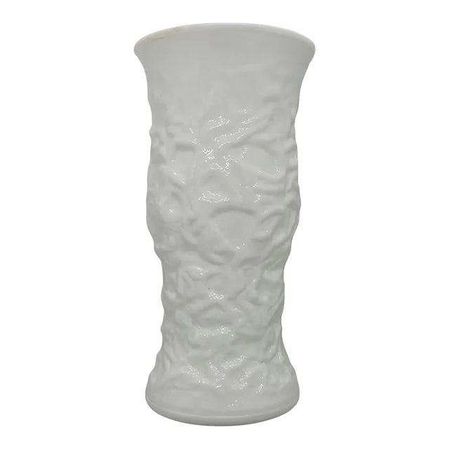 1960’s E. O. Brody Co. Cleveland Ohio Milk Glass Vase With Vine Design For Sale