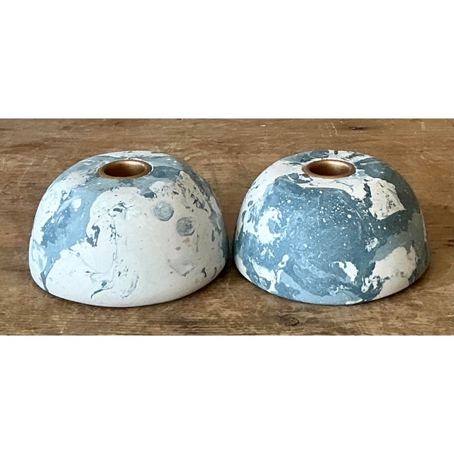 Early 21st Century Boho Artisan Pigmented Plaster Scagliola Low Dome Candlestick Holders - Set of 2 For Sale - Image 5 of 12