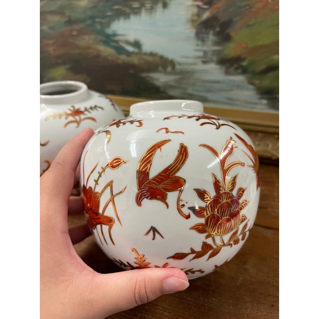 Mid 20th Century Pair of Vintage Japanese Porcelain Vases With Gilt Bird and Floral Decoration, Decorated in Hong Kong For Sale - Image 5 of 11