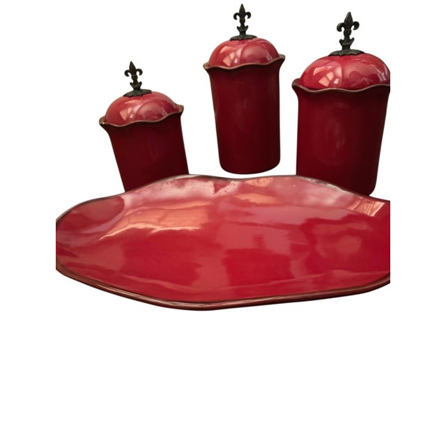 Southern Living “Cinnabar” Red Ceramic Canister Set & Oval Platter – 4 Pieces For Sale - Image 4 of 12