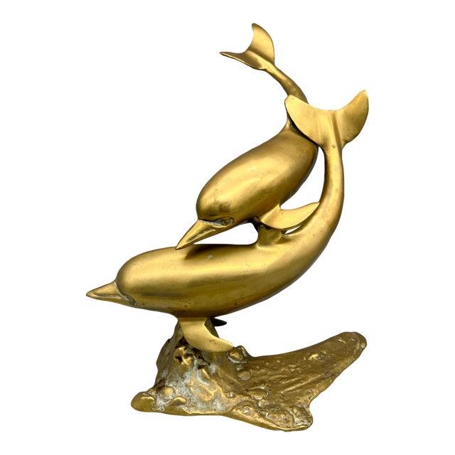 Oversized Vintage Brass Double Dolphin Figure For Sale