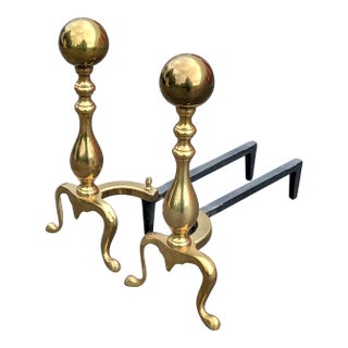 Vintage Pair of Cannonball Ball Victorian Brass Fireplace Andirons For Sale