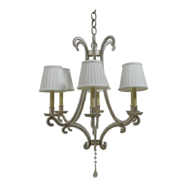 Silver Designer 6 Arm Chandelier W. Beaded Trim For Sale