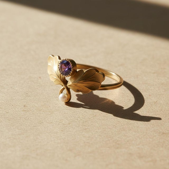 Modern Art Nouveau–Inspired Amethyst and Pearl Botanical Ring in 14k Gold, Size 7.5 For Sale - Image 3 of 7