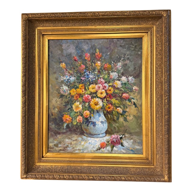 Mid 20th Century Floral Still-Life Oil on Canvas in Gold Frame, Signed Vargas For Sale