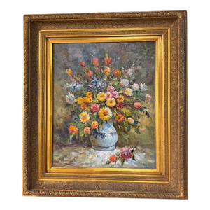 Mid 20th Century Floral Still-Life Oil on Canvas in Gold Frame, Signed Vargas