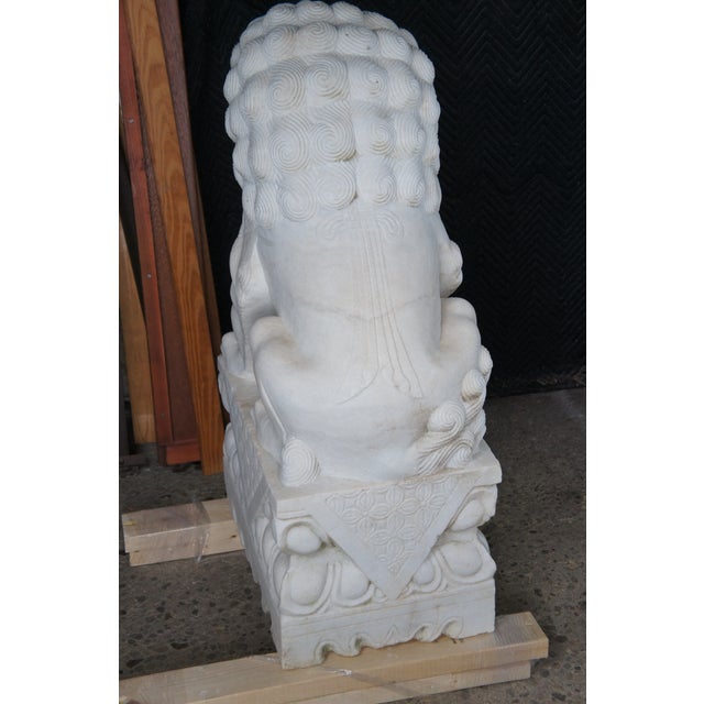 Mid 20th Century Pair of Chinese Marble Foo Dog Guardian Fu Lion Temple Garden Statues 41" For Sale - Image 17 of 18