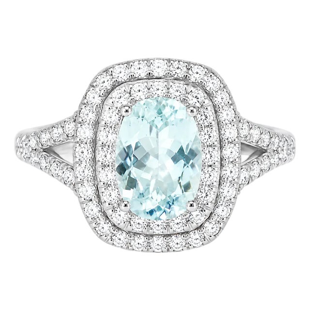 14K White Gold Diamond Aquamarine Band Ring Estate For Sale