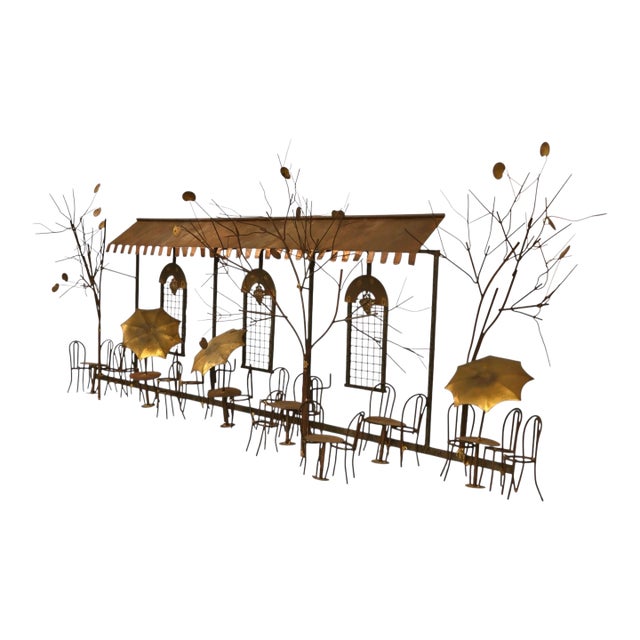 Curtis Jere Vintage Mid Century Modern Brass Wall Hanging Parisian Café Scene C. 1960s For Sale