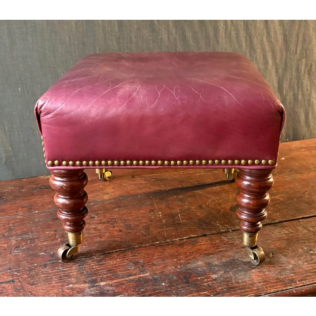 Hickory Chair Furniture Company Hickory Chair Co. Leather Ottoman or Stool With Casters For Sale - Image 4 of 9