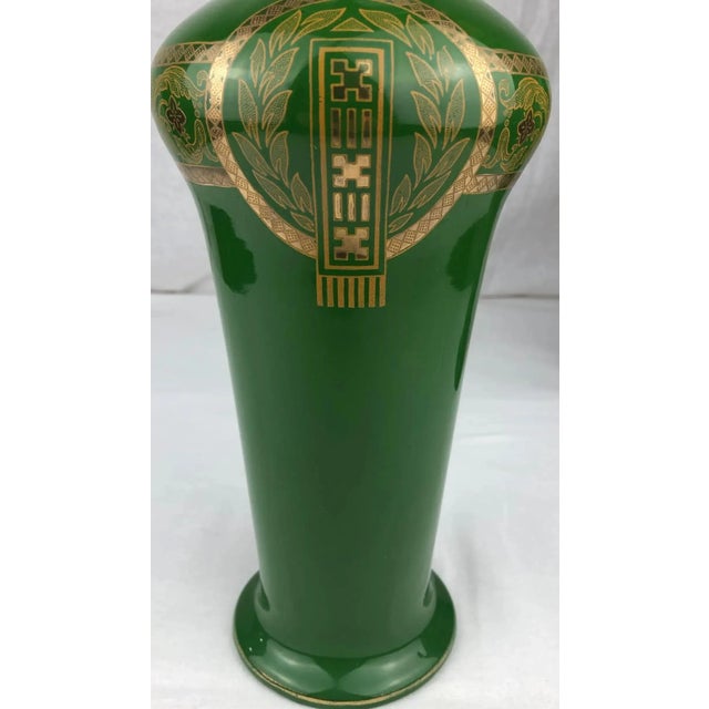 Intricately detailed pair of French Art Deco porcelain vases manufactured by Sarreguemines. These fine quality vases are...