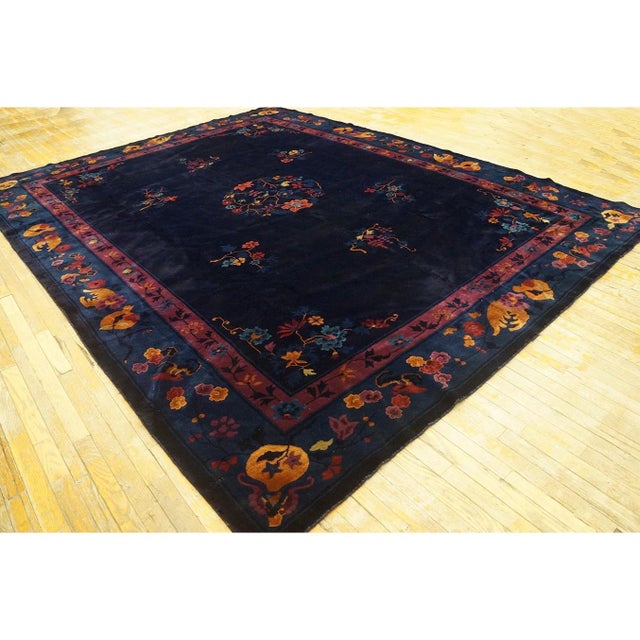 1920s Classic Antique Chinese Peking Indigo Blue Medallion Rug (8'9" X 11'1") For Sale - Image 4 of 11