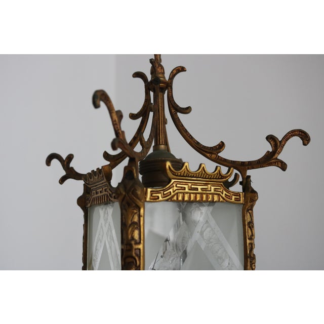 Gold Antique Japanese Style Brass and Etched Glass Hanging Lantern, Early 20th Century For Sale - Image 8 of 18