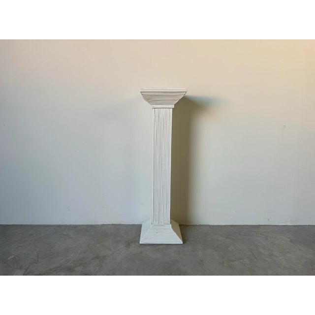 Postmodern Vintage White Pencil Reed Rattan Pedestal / Plant Stand For Sale - Image 3 of 12