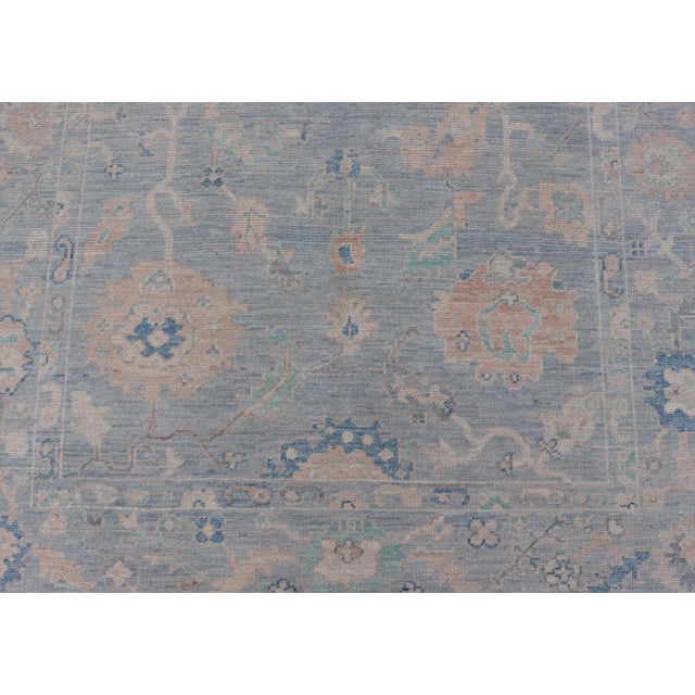 Sky Blue Modern Oushak Rug With in Light Gray Blue Background and All-Over Floral Motifs For Sale - Image 8 of 12