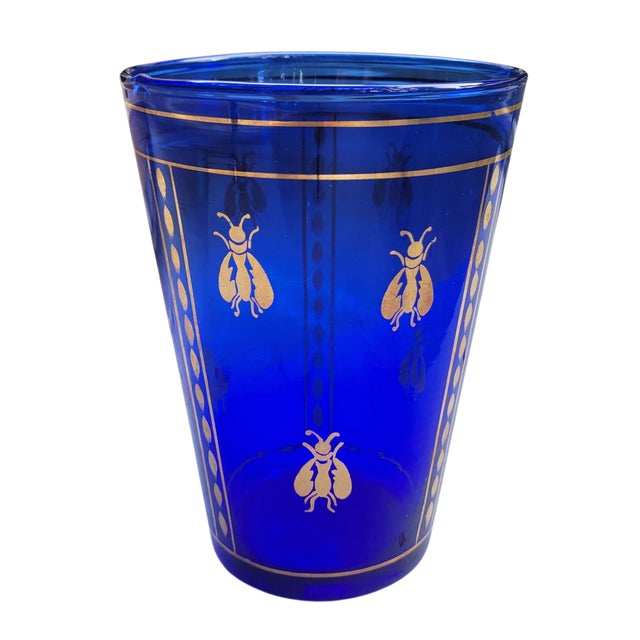 Vintage Boho Mid Century Hand Blown Cobalt Blue Glass Vase With Gold Honey Bee Accents For Sale - Image 16 of 18