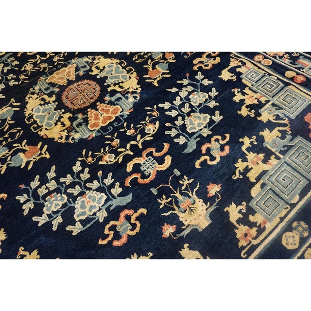 1890s Navy Blue Medallion Qing Antique Chinese Peking Room Size Wool Pile Rug For Sale - Image 9 of 10