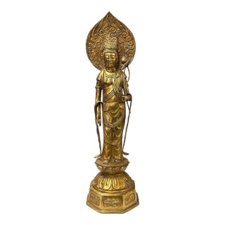 Oriental Metal Bronze Kannon Guan Yin Bodhisattva Holding Lotus Statue For Sale