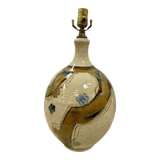 Art Pottery Cream and Blue Ceramic Mid Century Table Lamp For Sale