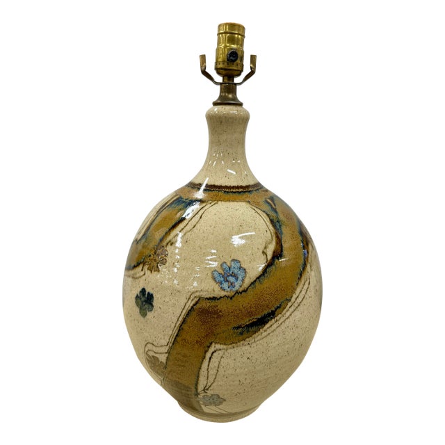 Art Pottery Cream and Blue Ceramic Mid Century Table Lamp For Sale