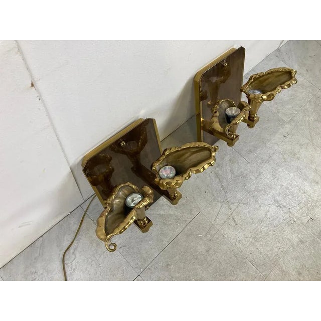 Metal Bronze Flower Wall Lamps, 1970s, Set of 2 For Sale - Image 7 of 9