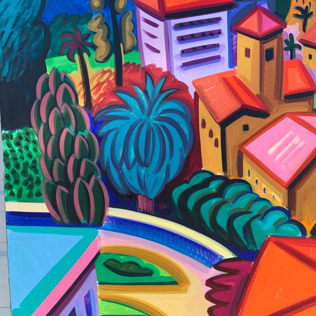 Paint 80x80 Joan Steinman Mediterranean Coastal Village Painting #4 For Sale - Image 7 of 11