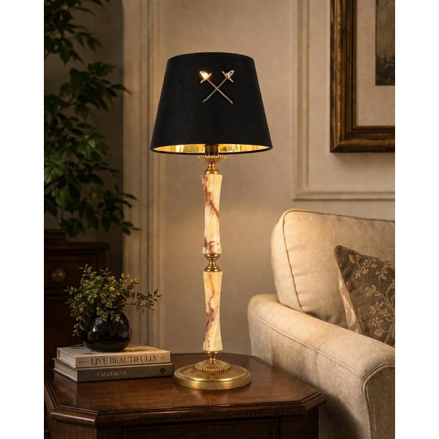 Onyx and Brass Column Table Lamp with Black Shade, 1950s For Sale - Image 3 of 10