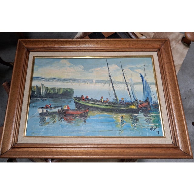 V. Le T., Seascape Composition, 1950s, Oil Painting on Canvas For Sale - Image 4 of 5